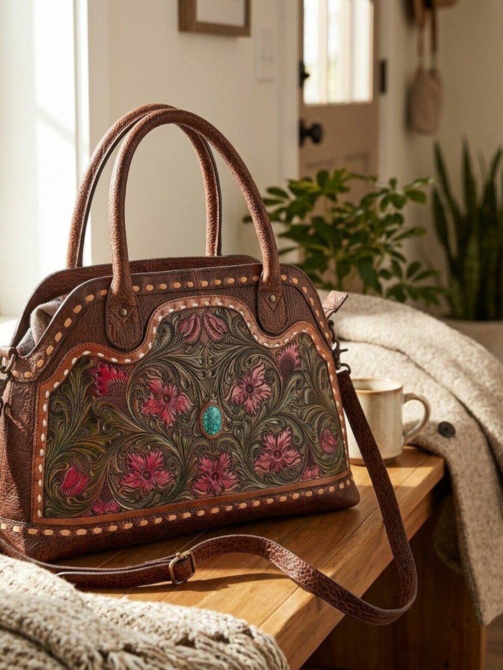 American Darling Boho Bloom Tooled Leather Satchel - Picture 5 of 6